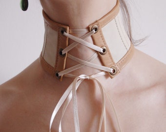 Neck Corset, Leather Collar, Choker, Ivory