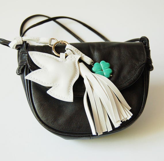 Bag Charm, Leather, Keychain, White ,bird, Tasell, Handmade
