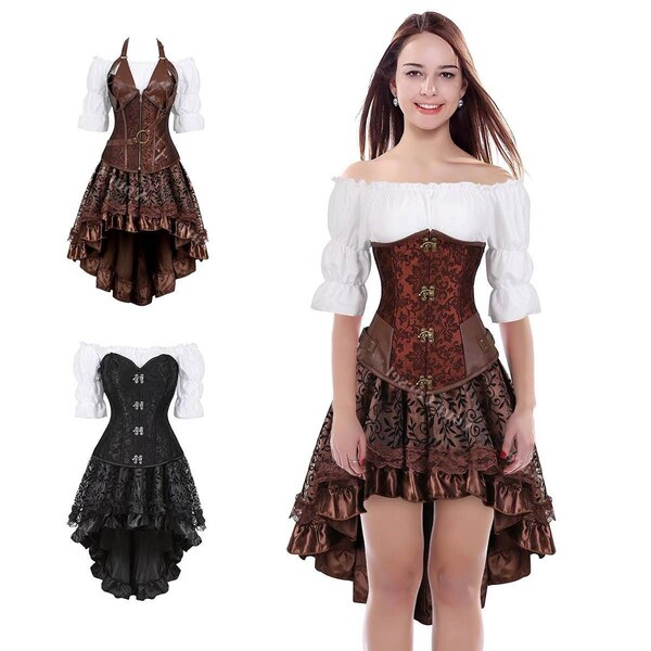 Piratenkostüm Für Damen – Renaissance Outfit Mit Gestreiftem Rock, Kopftuch & Augenklappe