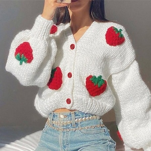 Y2k Strawberry Knitted Cardigan, Women Winter Cardigan, Pattern ...