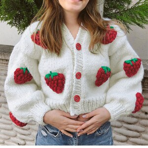 Y2k Strawberry Knitted Cardigan, Women Winter Cardigan, Pattern ...
