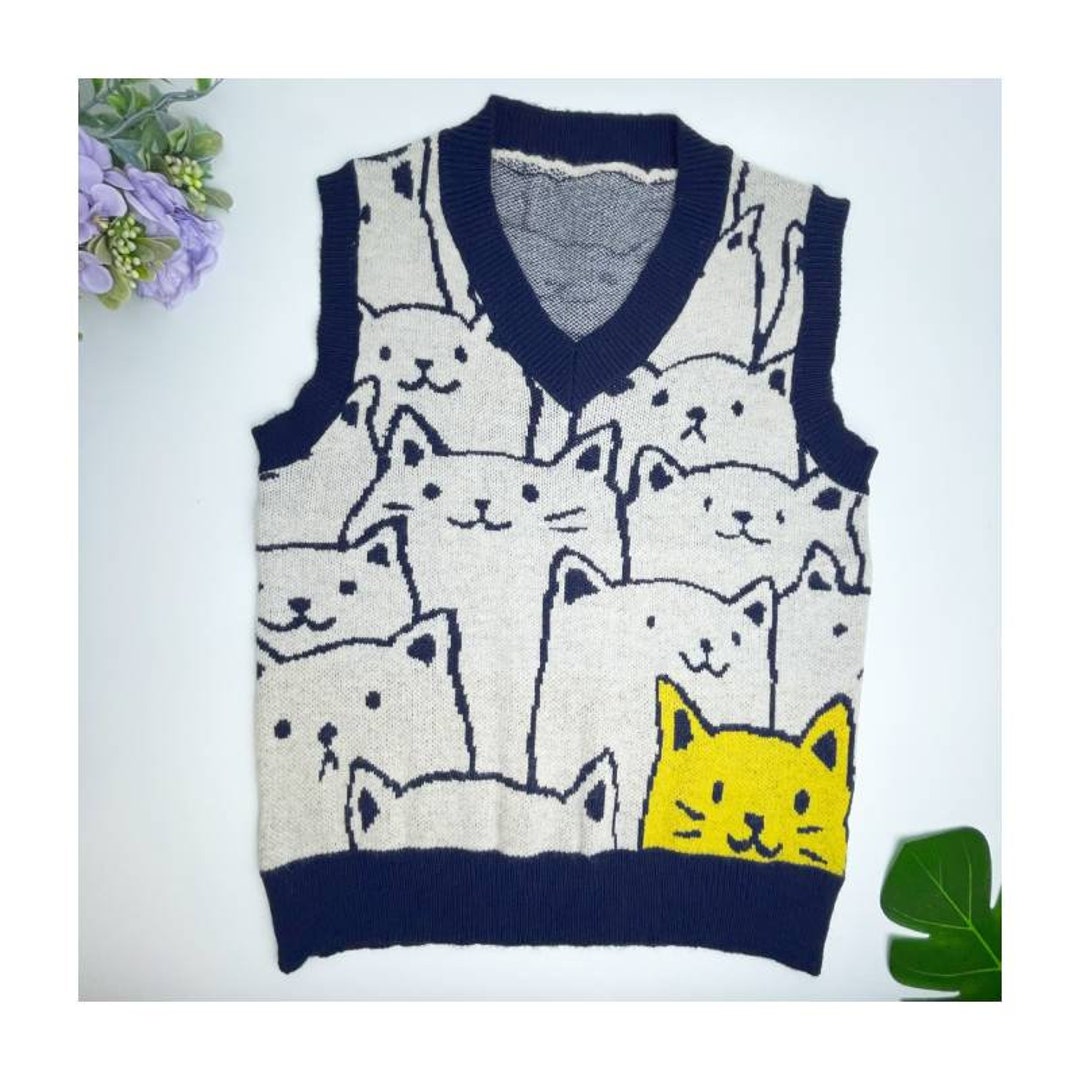 Cute Cats Sweater Vest Soft Knit Vest Streetwear Y2K Sweater Etsy