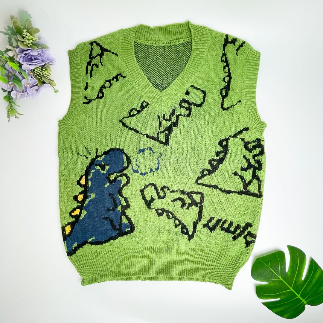 Green Dinosaur Sweater Vest Harajuku Knit Vest Streetwear Etsy