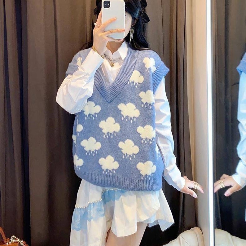 Blue Cloud Sweater Vest Soft Knit Vest Streetwear Y2K Etsy