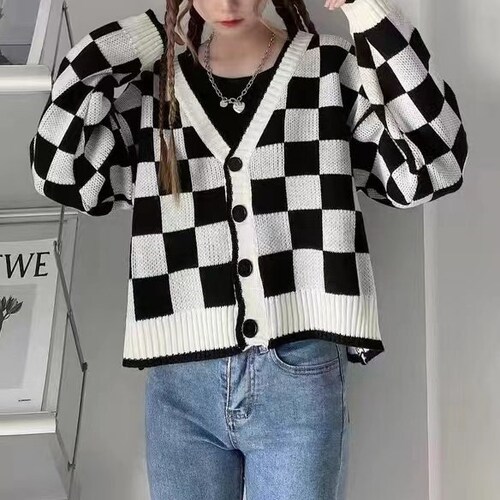 Checkerboard Vintage Cardigan Women Winter Cardigan Pattern - Etsy New  Zealand
