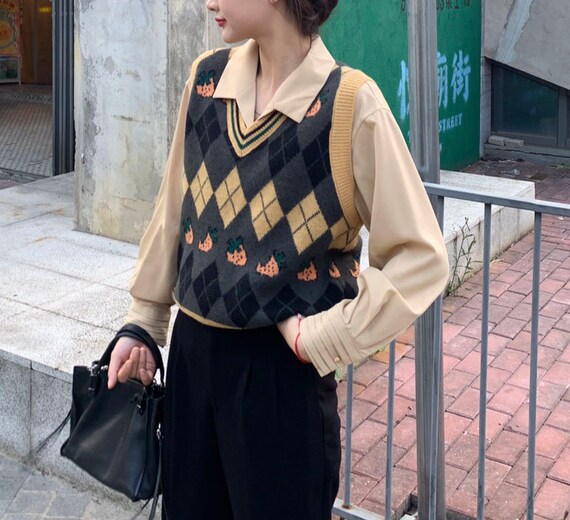 Y2K Plaid Sweater Vest Retro Check Knit 