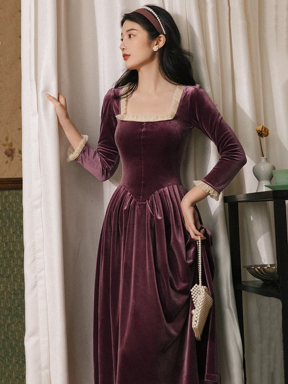 French Velvet Dress, Renaissance Corset Dress, Victorian Dress