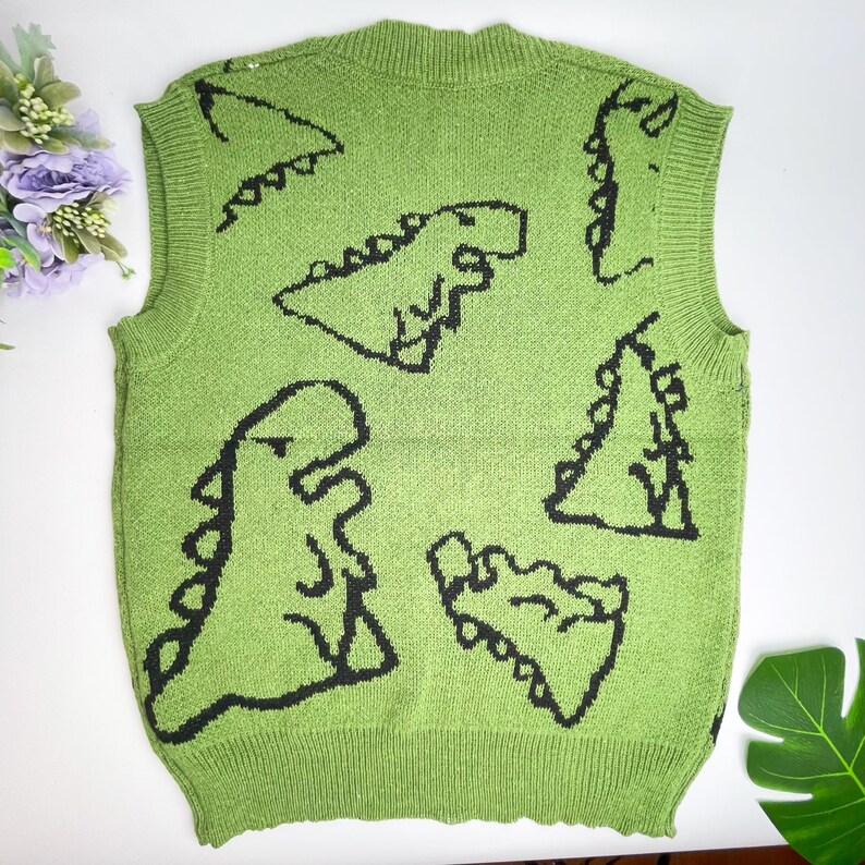 Green Dinosaur Sweater Vest Harajuku Knit Vest Streetwear Etsy