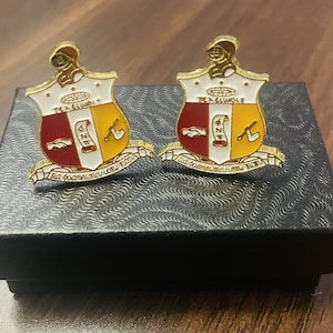 May include: Two gold-toned shield-shaped pins with red, white, and yellow enamel details. Each pin features a knight's helmet at the top and text. The pins are displayed on a black textured box.