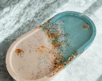 Handmade Blue Geode Trinket Tray, Eco Resin with Reflective Glass