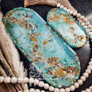 Turquoise & Quartz Oval Tray, Geode Style Eco Resin Vanity Tray