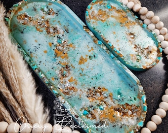 Turquoise & Quartz Oval Tray, Geode Style Eco Resin Vanity Tray