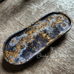 Black & Gold Quartz Decorative Storage Tray with Gemstones, Druzy Crushed Crystal Texture