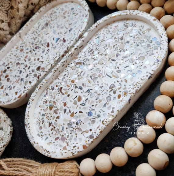 Unique Modern Seashell Terrazzo Tray with Gold Flakes/ Oval Eco Resin Jewelry Tray/ Made To Order Gift/ Large and Small Catchall Your Choice
