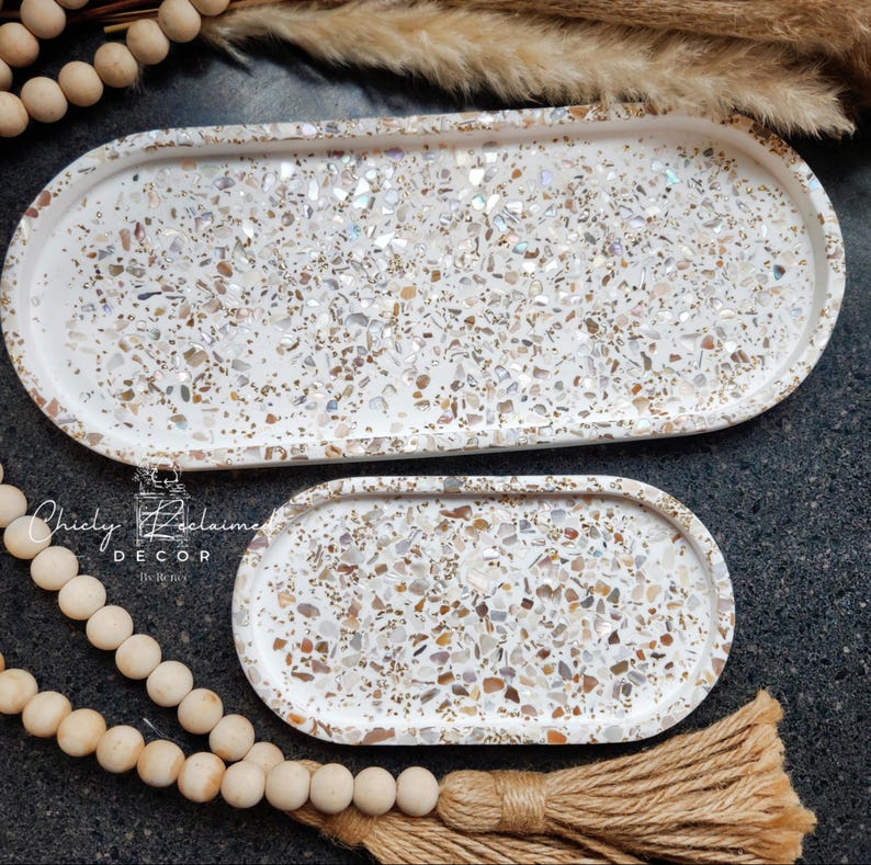 Unique Modern Seashell Terrazzo Tray with Gold Flakes/ Oval Eco Resin Jewelry Tray/ Made To Order Gift/ Large and Small Catchall Your Choice image 8