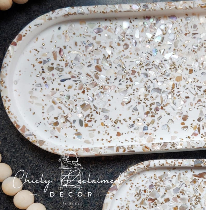 Unique Modern Seashell Terrazzo Tray with Gold Flakes/ Oval Eco Resin Jewelry Tray/ Made To Order Gift/ Large and Small Catchall Your Choice image 9
