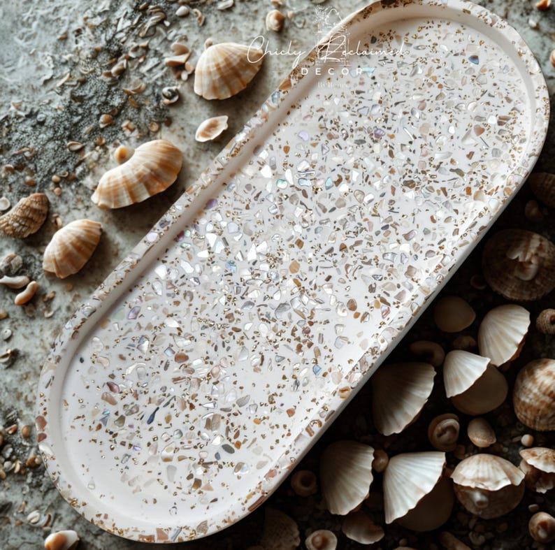 Unique Modern Seashell Terrazzo Tray with Gold Flakes/ Oval Eco Resin Jewelry Tray/ Made To Order Gift/ Large and Small Catchall Your Choice image 12