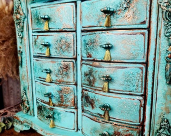 Refinished vintage large jewelry armoire, handpainted blue and bronze tall jewelry box, Mediterranean patina, stenciled, unique gift for her