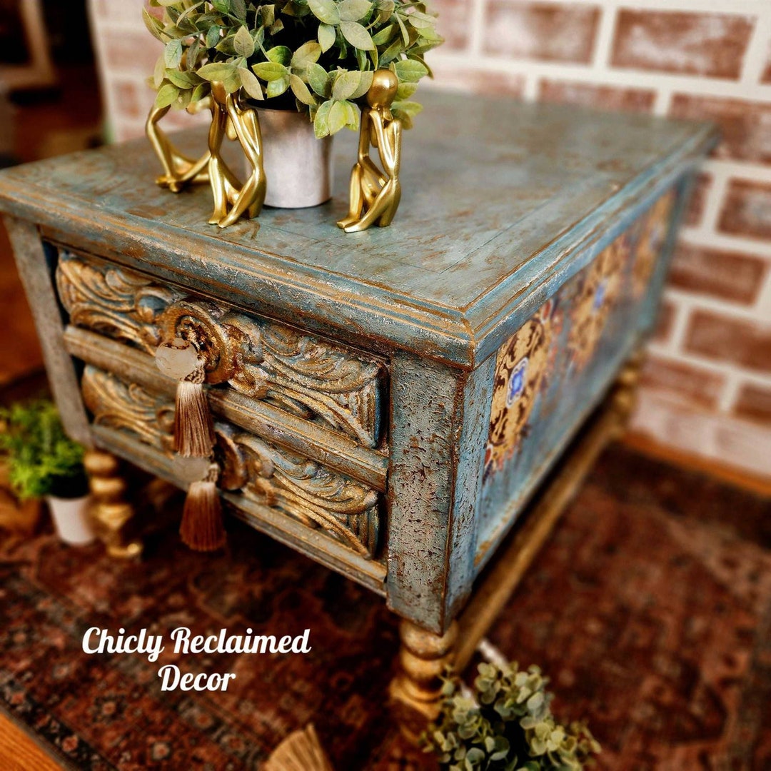 Blue and Gold Bedside Table Nightstand or End Table, Shabby Chic Boho