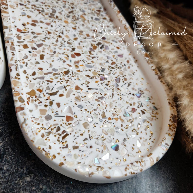 Unique Modern Seashell Terrazzo Tray with Gold Flakes/ Oval Eco Resin Jewelry Tray/ Made To Order Gift/ Large and Small Catchall Your Choice image 10
