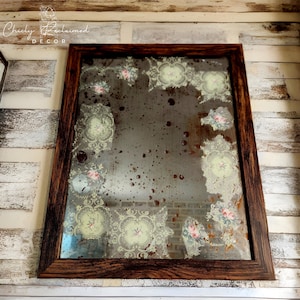 Rustic Aged Mirror, Antiqued Looking Glass Style with Handpainted Flowers, Wood Framed