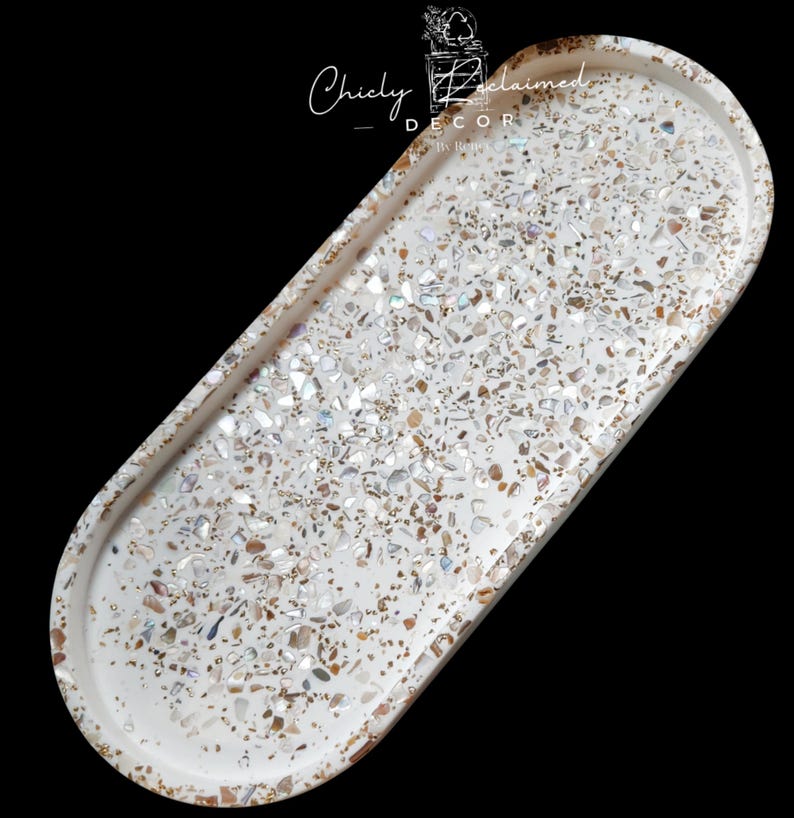Unique Modern Seashell Terrazzo Tray with Gold Flakes/ Oval Eco Resin Jewelry Tray/ Made To Order Gift/ Large and Small Catchall Your Choice image 11