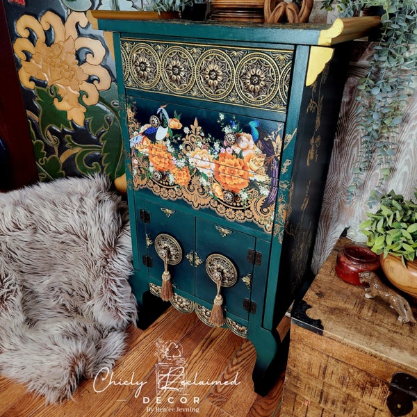 Refinished vintage large standing jewelry armoire/ lingerie chest of drawers/ handpainted green and gold jewelry box/ flowers/ birds/ unique