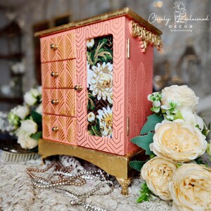 Hand-painted Pink & Gold Jewelry Box: Art Deco Floral  Hand-Painted Floral Wall Jewelry Hanger Cabinet in Soft Yellow and Peach Pink main image 0