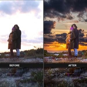 May include: A pregnant couple stand in a field with a sunset in the background. The woman is wearing a pink hat and a plaid skirt. The man is wearing a long coat.