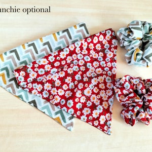 Retro Dog Bandana with Matching Scrunchie , Chevron Pattern Print Dog and Owner Matching Scarf , Hair Scrunchy with Dog Bandana , Dog Gift