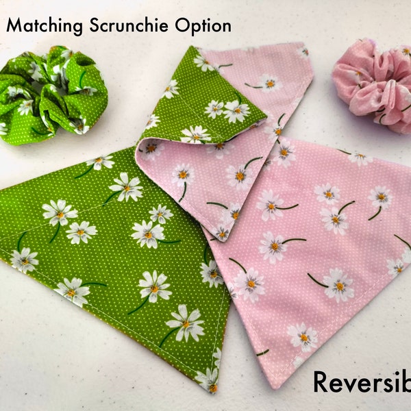 Reversible Dog Bandana with Matching Scrunchie , Pink Puppy Dog Bandana , Collar Slide On Bandana for Pets , Bandana and Scrunchie Girly Set