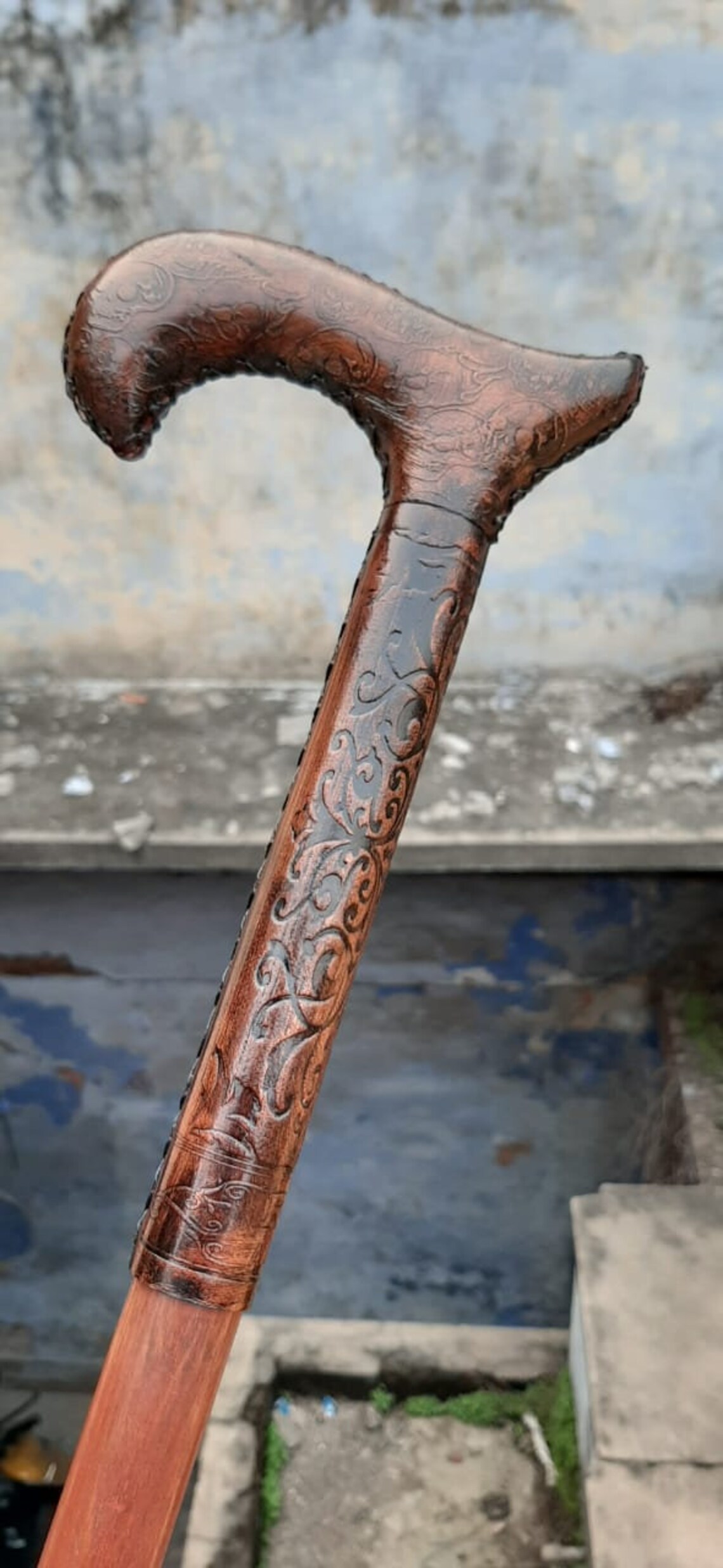 Leather Walking Stick Handle Wood Walking Cane for Gentlemen Etsy