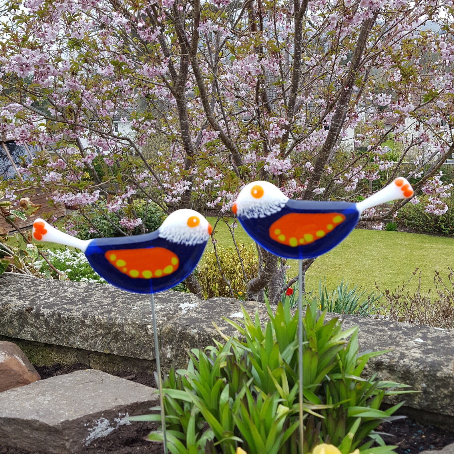 Pair of Handmade Fused Glass Garden Stakes Blue Birds Etsy