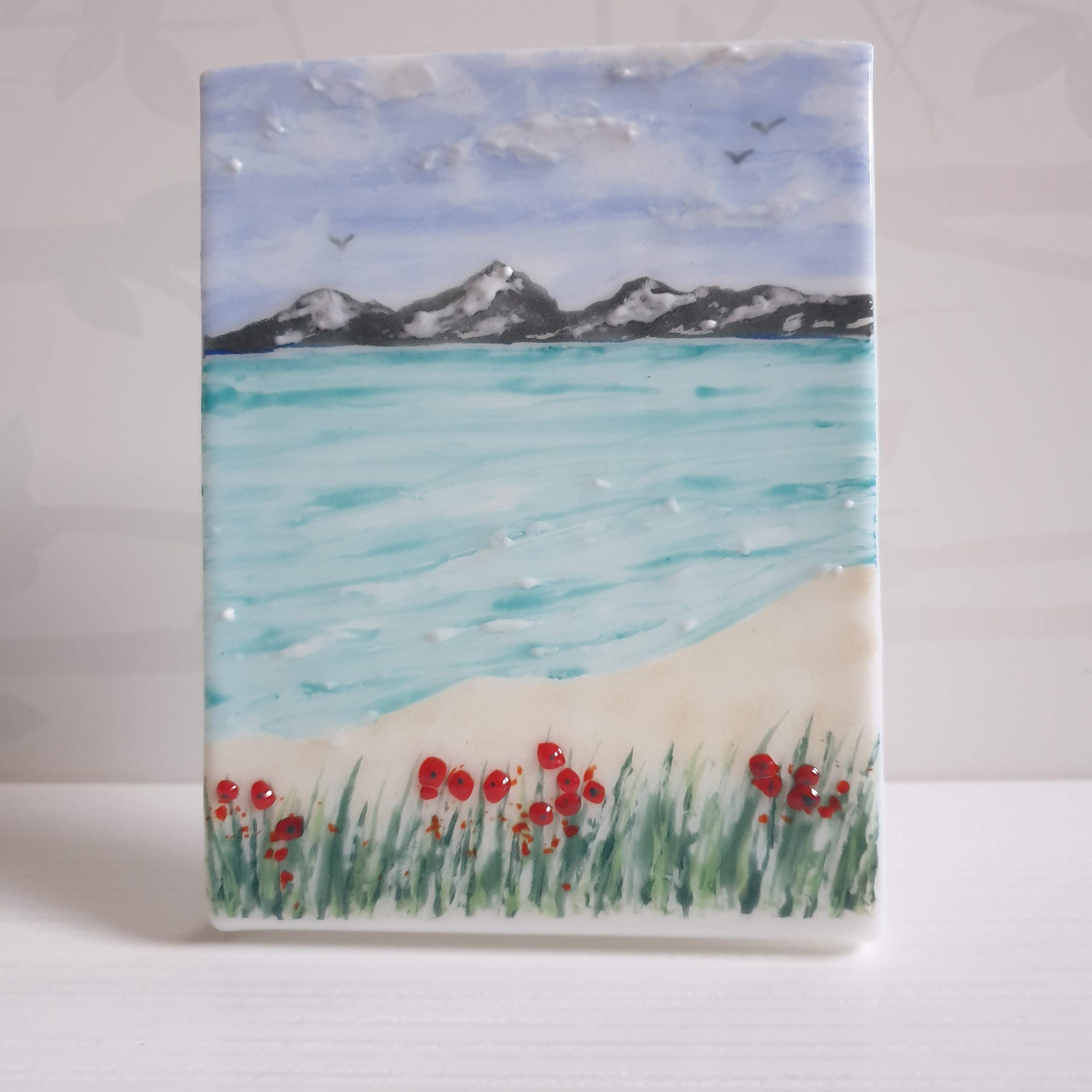 Costal Scene with Poppies Freestanding Glass Panel Luskentyre Beach