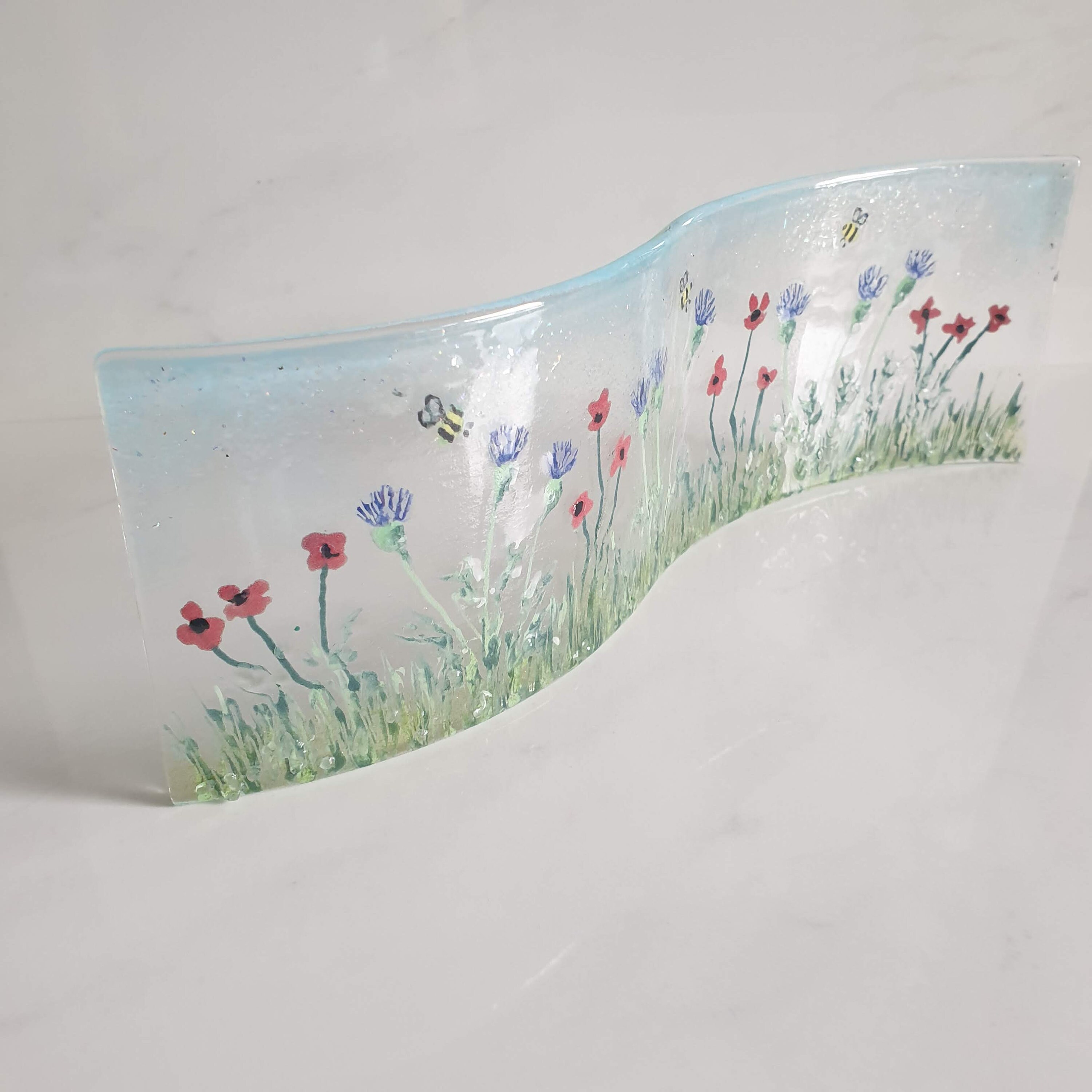 Freestanding Curved Wave Fused Glass Panel with Red Poppies Etsy