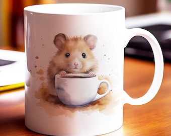 May include: White ceramic mug with a watercolor illustration of a hamster holding a cup of coffee. The hamster is brown and white and has a cute expression on its face.