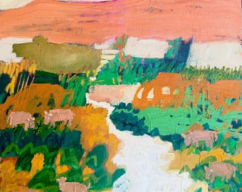 Original Abstract Landscape oil Painting 24x24 in Wall Decor Stretched canvas Unframed Animal Art Unframed- Free Shipping in USA.