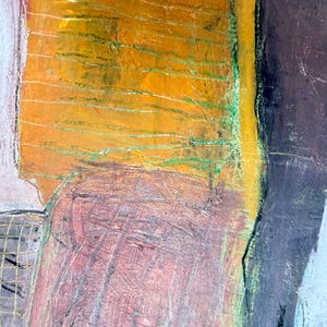 May include: Abstract painting with a textured surface. The artwork features a combination of colors, including orange, brown, pink, white, yellow, and black. The brushstrokes create a dynamic and expressive composition.