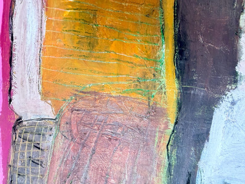 May include: Abstract painting with a textured surface. The artwork features a combination of colors, including orange, brown, pink, white, yellow, and black. The brushstrokes create a dynamic and expressive composition.