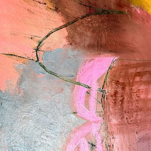 May include: Abstract painting with a textured surface. The artwork features a blend of colors, including pink, brown, gray, and yellow. Green lines and brushstrokes add contrast. The painting has a modern, expressive style.