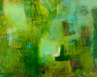 Large Abstract Canvas Painting: Green Forest Acrylic & Oil, 83x58 in