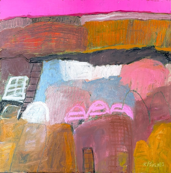 Original Abstract Landscape Oil painting on a stretched canvas 24x24in. -Unframed. Free Shipping in US.