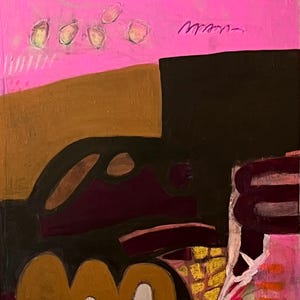 May include: Abstract painting with a vibrant color palette. The artwork features a bright pink background with brown, black, and gold shapes. There are also touches of purple and yellow, creating a dynamic composition. The style is bold and expressive.