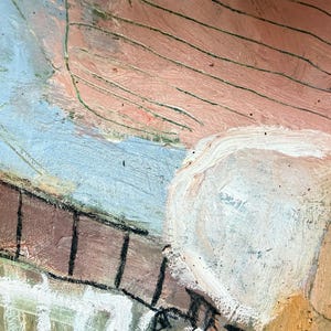 May include: Abstract painting with a textured surface. The artwork features a mix of colors, including light blue, peach, brown, and white. The brushstrokes are visible, creating a dynamic and expressive composition.