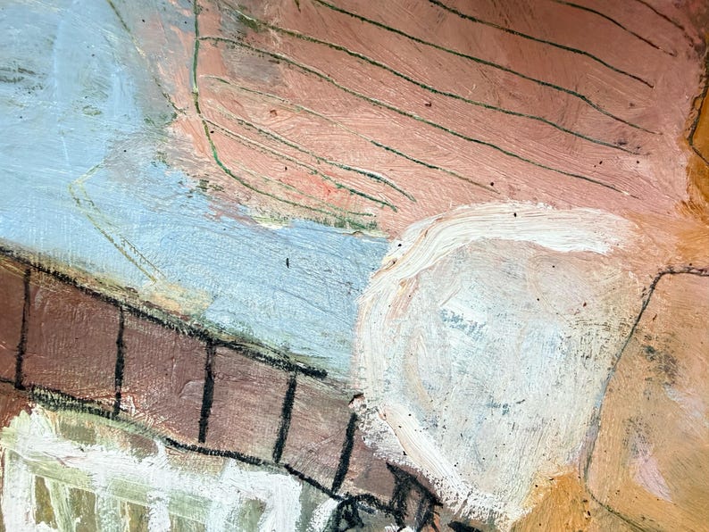 May include: Abstract painting with a textured surface. The artwork features a mix of colors, including light blue, peach, brown, and white. The brushstrokes are visible, creating a dynamic and expressive composition.