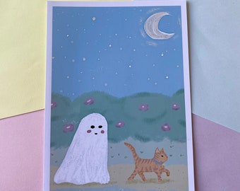 Cute ghost print, halloween illustration, ghost illustration, fantasy, horror, spirit, decoration for room, gift for her, halloween gift