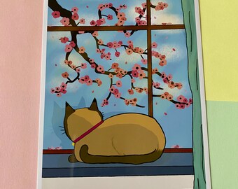 Cat in window Illustration Cherry blossom - Sakura | Spring Collection | Art Print | Crazy Cat Lady | Unique Art | Studio Art Print, Pink