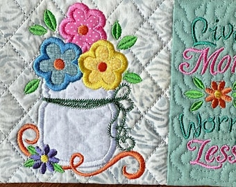 Embroidered Mug Rug: Floral Mason Jar, Live More Worry Less