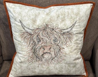 Boy Highland Cow Pillow with optional pillow insert.  Approximately 16-17 inches square (depending on pillow insert),  Ready to ship