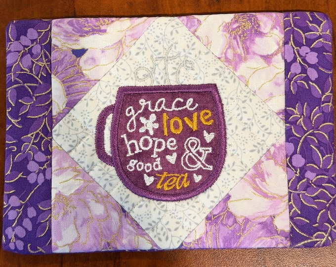 Grace and Tea Mug Rug/Coaster. Quilted and Embroidered.  5 x 7 inches.
